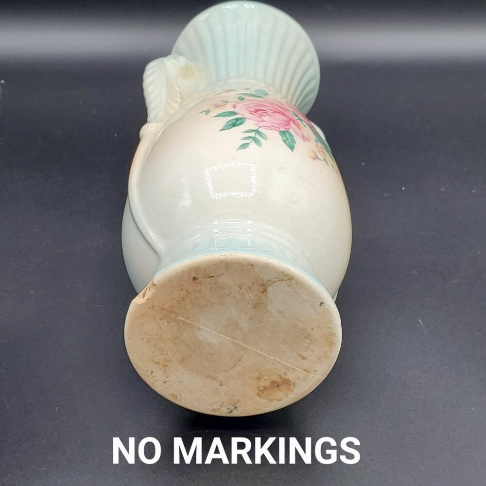 ROYAL COPLEY Vintage 1940s Ceramic Blue & Pink Double Handle Rose 7" Vase - Picture 5 of 6